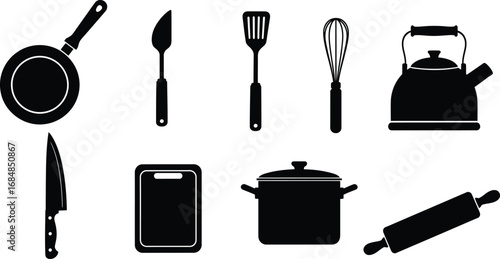 Collection of kitchen utensils and cooking appliances silhouette silhouette
