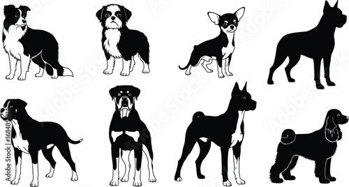 Diverse dog breeds posed silhouettes collection for pet lovers silhouette