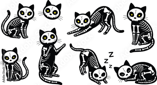 Adorable skeleton cat characters with spooky charm for halloween silhouette