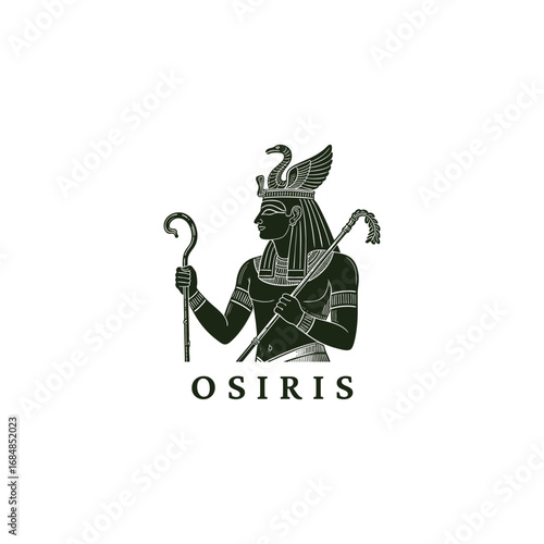 engraved illustration of Osiris, the ancient Egyptian god, holding a crook and flail vector template