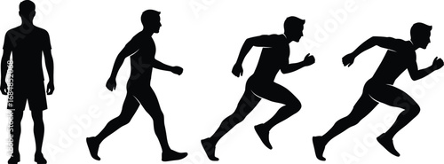 Silhouette figures depicting running progression from standing to sprinting silhouette