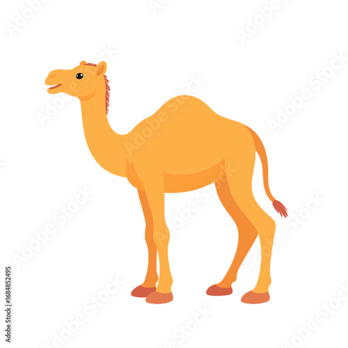 Cartoon camel standing with a friendly expression on a white background  