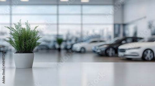 Reception desk with green plant and cars in showroom.