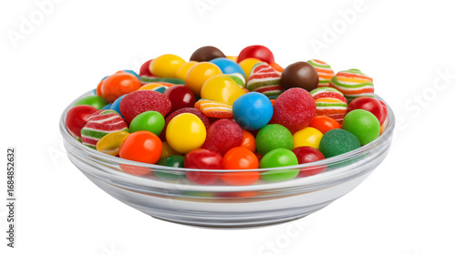 Assorted candy mix in clear glass bowl, gumballs, jelly beans, striped hard candies and chocolate sweets on transparent background.
