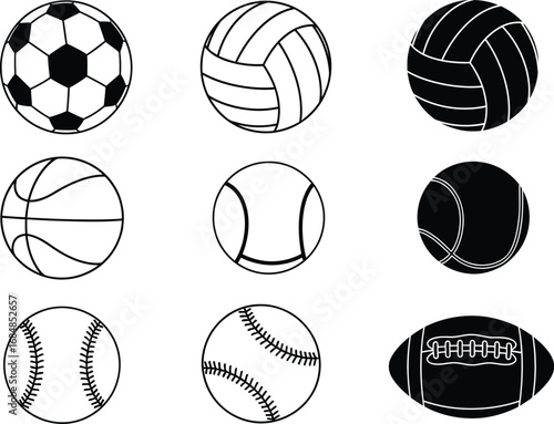 Collection of nine different sports balls in sketch style silhouette