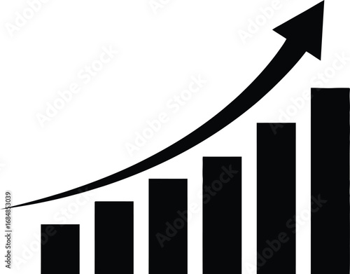 Increasing bar chart with upward trend arrow showing growth silhouette