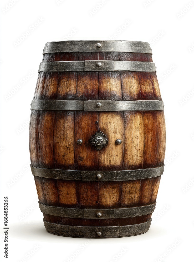 Obraz premium Aged wooden barrel, isolated on white. Iron bands encircle the weathered, light brown and dark brown, cylindrical container