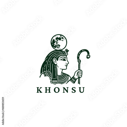 engraved illustration of Khonsu, the ancient Egyptian god, holding a shepherd's crook vector template