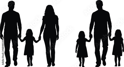 Silhouettes of two families walking together holding hands silhouette