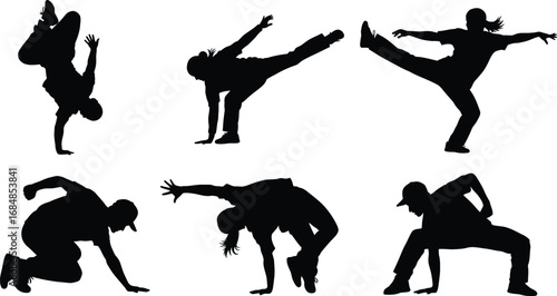 Dynamic breakdancing silhouettes capturing energetic street dance moves silhouette
