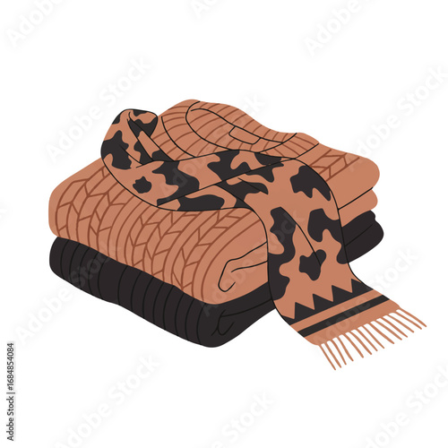 A neatly folded chunky knit sweater and a stylish patterned scarf are showcased in a clean 2D flat vector illustration, featuring minimalist solid colors isolated on a crisp white background.