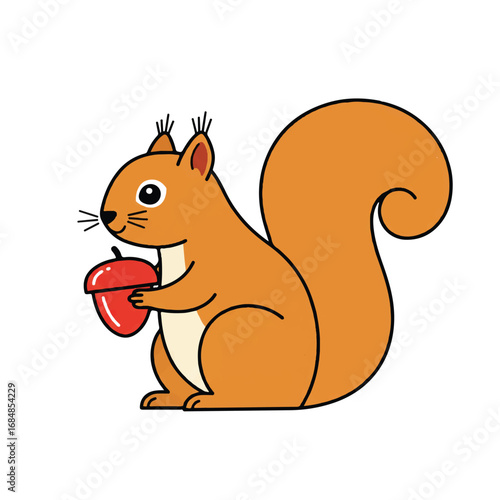 A minimalist 2D flat vector illustration featuring a stylized squirrel holding a prominent solid-colored nut, presented with clean lines on an isolated white background.