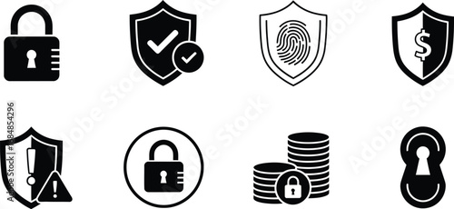 Digital security icons lock shield fingerprint coins protection data silhouette