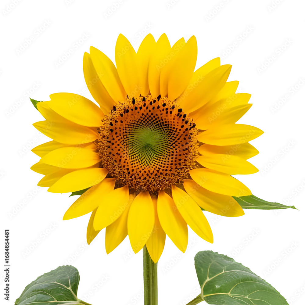 Fototapeta premium A beautiful, single yellow sunflower in full bloom with its vibrant petals and green leaves, isolated on a clean white background