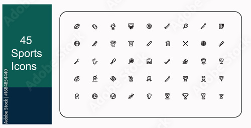 "Sports and athletics vector icons set in modern minimal line art featuring team and individual games like basketball, soccer, tennis, football, golf, baseball, volleyball, trophies, equipment and act