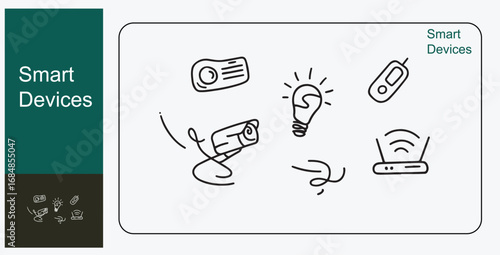 "Smart home doodle vector icons set featuring hand-drawn technology and IoT devices like security camera, light bulb, wireless router, connectivity, home automation, smart devices, digital innovation,