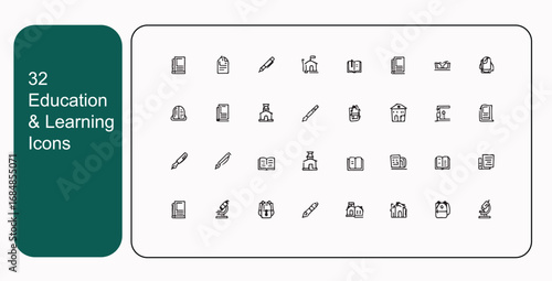 "Education and learning vector icons set in minimalist line art featuring school, book, pen, pencil, paper, notebook, microscope, backpack, university, college, academic study, science, research, 