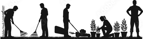 Silhouettes of people raking grass, mowing lawn, planting flowers, garden work teamwork, outdoor gardening, landscaping, nature care vector.