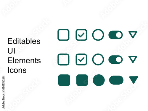 UI user interface vector icons set featuring editable elements like checkbox, checkmark, circle, toggle, switch, dropdown, arrow, mobile app components, customizable design for user experience and int