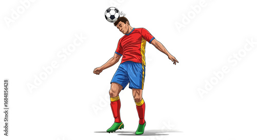 Dynamic soccer player powerfully heads ball during intense match, showcasing athletic skill and competitive spirit for sports media