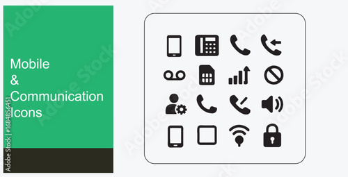 "Mobile communication vector icons set for smartphone interface design featuring call, settings, network, wifi, signal, security, user experience, digital device, sim, mute, speaker, voicemail, padloc