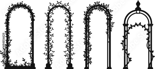 Vector illustration of garden arches with climbing plants, floral vine trellises, decorative outdoor garden structures for landscaping design ideas.