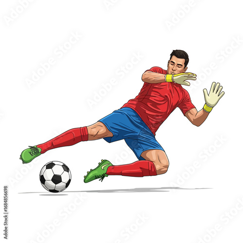 Dynamic soccer goalkeeper dives to save goal, showcasing agility and intense focus during a thrilling match moment