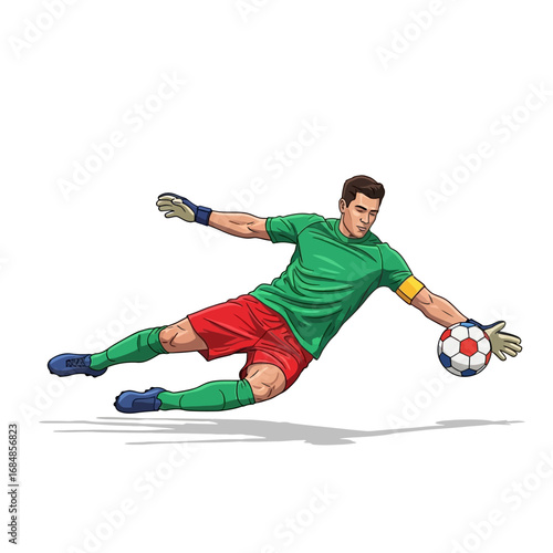 Dynamic goalkeeper dives to save goal, showcasing athletic skill and intense sports action in a vibrant illustration