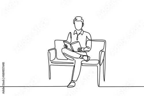 Man sitting on a chair reading a book in one line drawing style