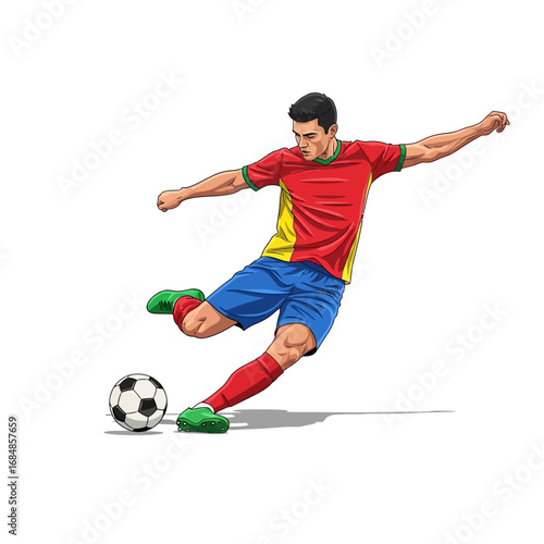 Dynamic footballer executing a powerful kick during a thrilling match, capturing athletic prowess and game intensity.