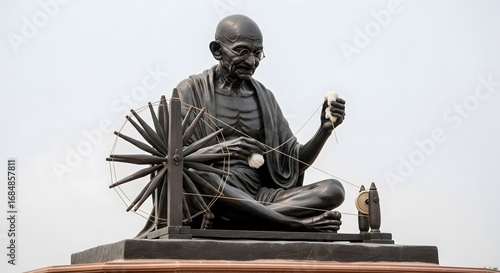 Mahatma Gandhi Statue with Spinning Wheel Depicting Charkha, Symbol of Swadeshi Movement, Simplicity, Nonviolence, and Indian Freedom Struggle Legacy
