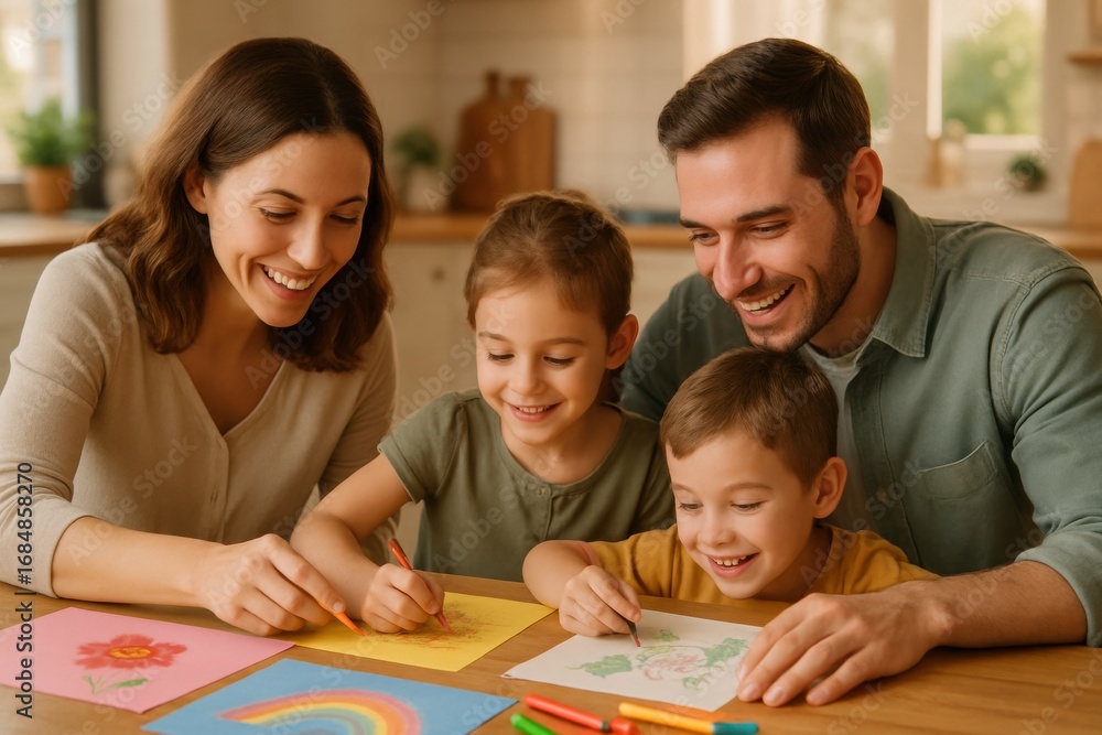 Fototapeta premium Happy family drawing and coloring together at home for fun creative activity