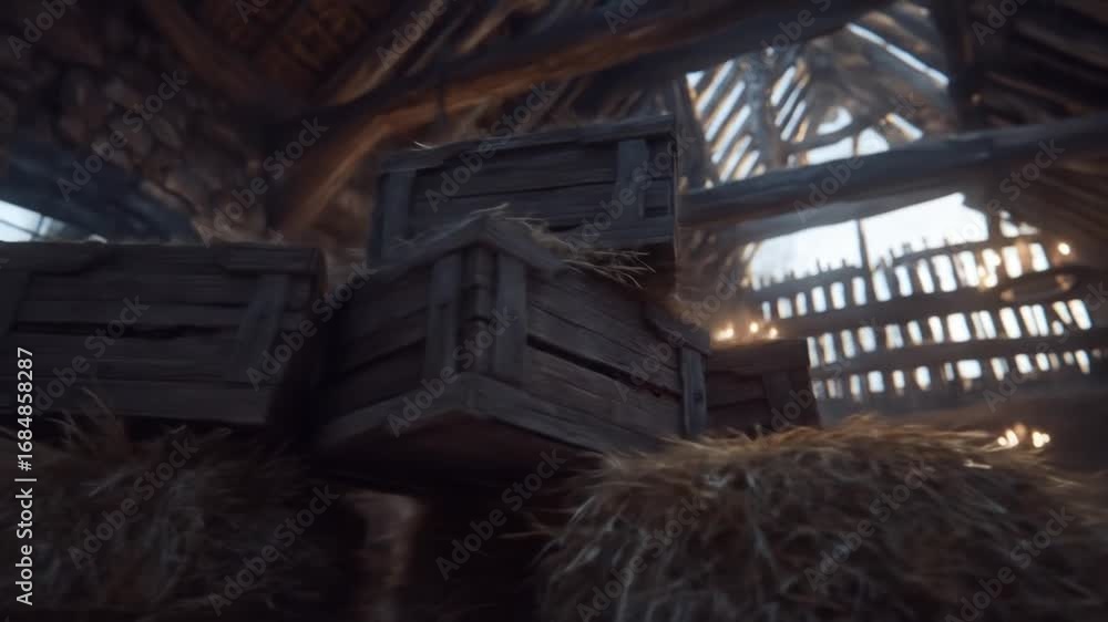 Rustic barn interior with hay bales with wooden structure, and and dim lighting. Rustic barn interior with hay bales with wooden structure, and and dim lighting.