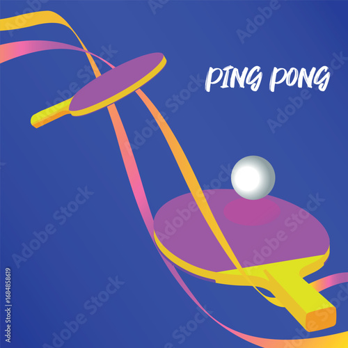 Flat illustration two rackets, ball, team game ping pong, championship poster design, professional competition. Table tennis tournament, sports training, training, tennis club, sports accessories