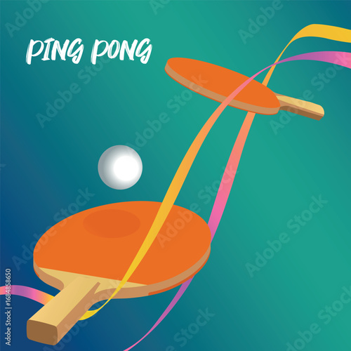 Ping pong banner, two rackets on green background, flat design for tournament poster, table tennis championship. Signboard for sports club, accessories for team games, hobby, small tennis, activity