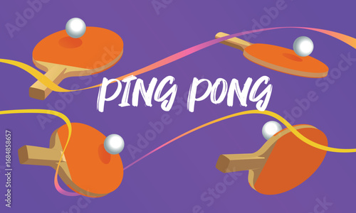 Ping pong tournament, poster, table tennis rackets collection, balls, competition illustration. Team sport, training, tennis club, sports school, small tennis accessories, activity