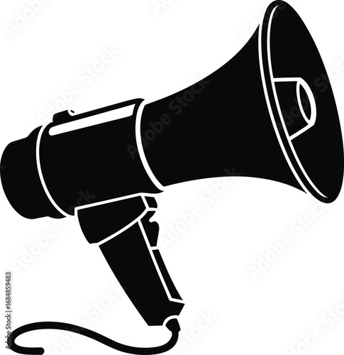 Megaphone icon, loudspeaker symbol, announcement device, communication tool, protest equipment, public speaking design, marketing promotion illustration, black silhouette, vector isolated graphic