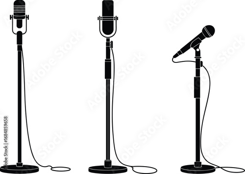 Silhouette illustration of vintage and modern microphones on stands, music concert microphone vector, podcast equipment design, black audio microphone icon set