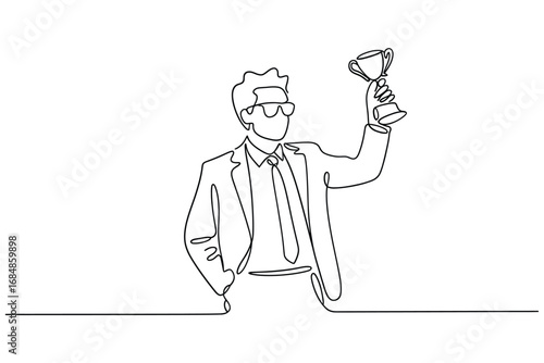 Businessman in suit holding up a trophy in a single line drawing