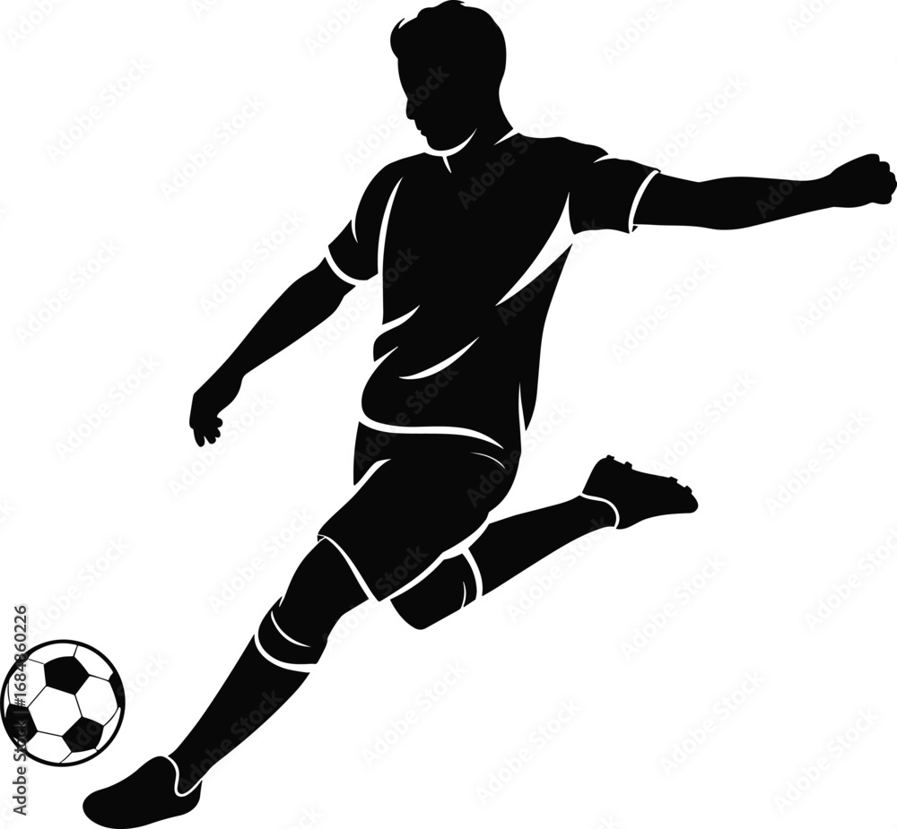 Naklejka premium Silhouette vector of soccer player kicking ball, sports athlete action illustration, football striker artwork for competition, training, game, fitness, energy, speed design