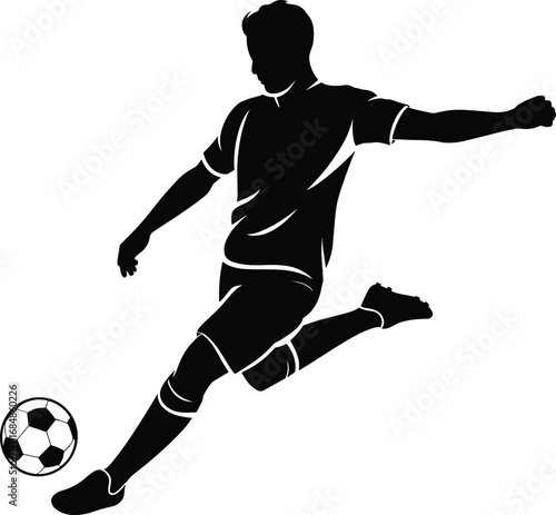 Silhouette vector of soccer player kicking ball, sports athlete action illustration, football striker artwork for competition, training, game, fitness, energy, speed design