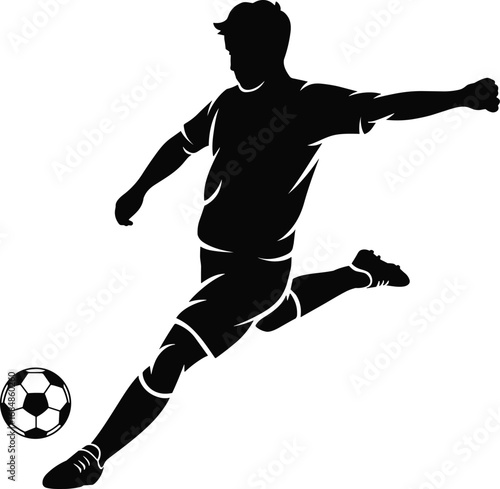 Soccer player kicking ball silhouette, football athlete action pose illustration, sports competition vector design, black and white training concept for team game