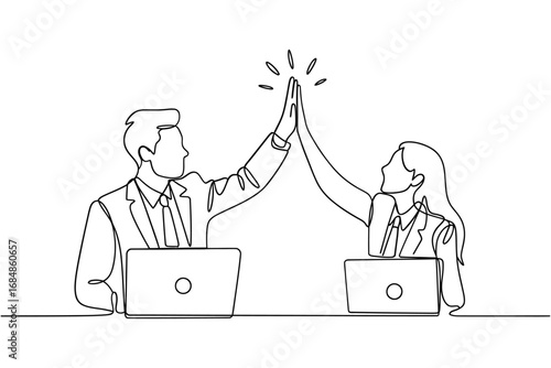 Two colleagues celebrating a success with a high five over laptops