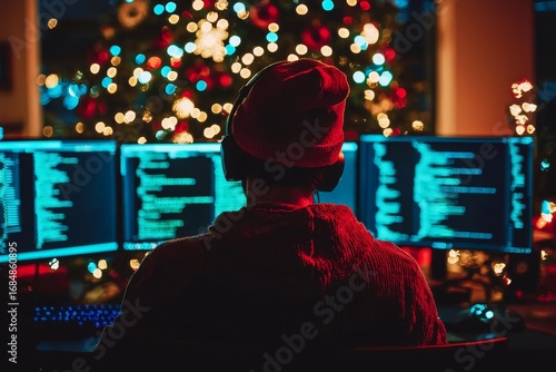 Rear view of a hacker focused on his work during Christmas