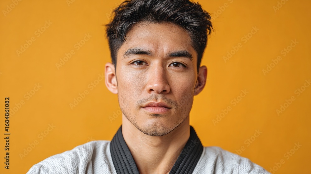 Obraz premium A focused portrait of a man in a light gray martial arts uniform, set against a bright mustard yellow backdrop, conveying a serious and determined mood.