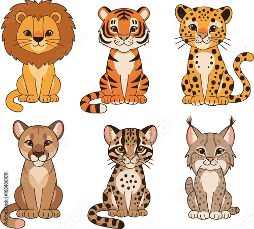 create Set of flat vector illustrations in children's style. Cute wild cats lion, tiger, leopard, puma, ocelot, lynx. . Vector illustration.
