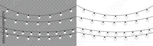 Shiny garland outlines New Year banner. Vector Christmas Lights Garland on Transparent Background. Christmas decoration, LED lam New year light effect elements for banner, poster, flyer and xmas card.
