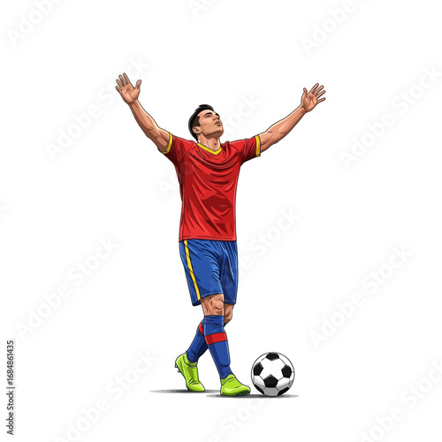 Dynamic soccer player celebrates victory with arms raised high, capturing the thrill of winning on a clean white background
