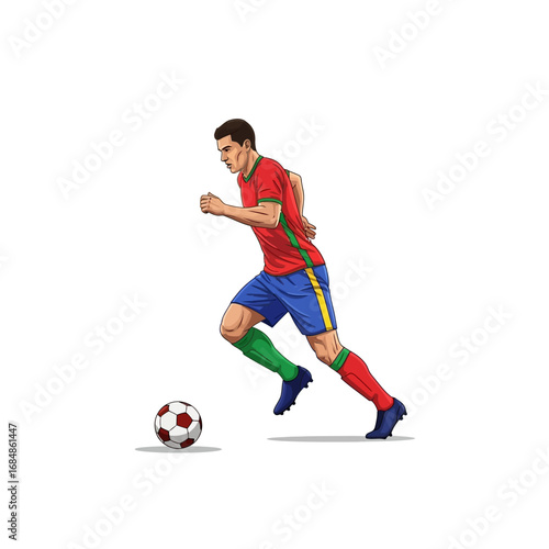 Dynamic soccer player skillfully dribbles ball downfield, showcasing athleticism and competitive spirit in a vibrant match