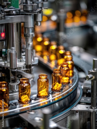 Pharmaceutical production line with amber bottles and pills